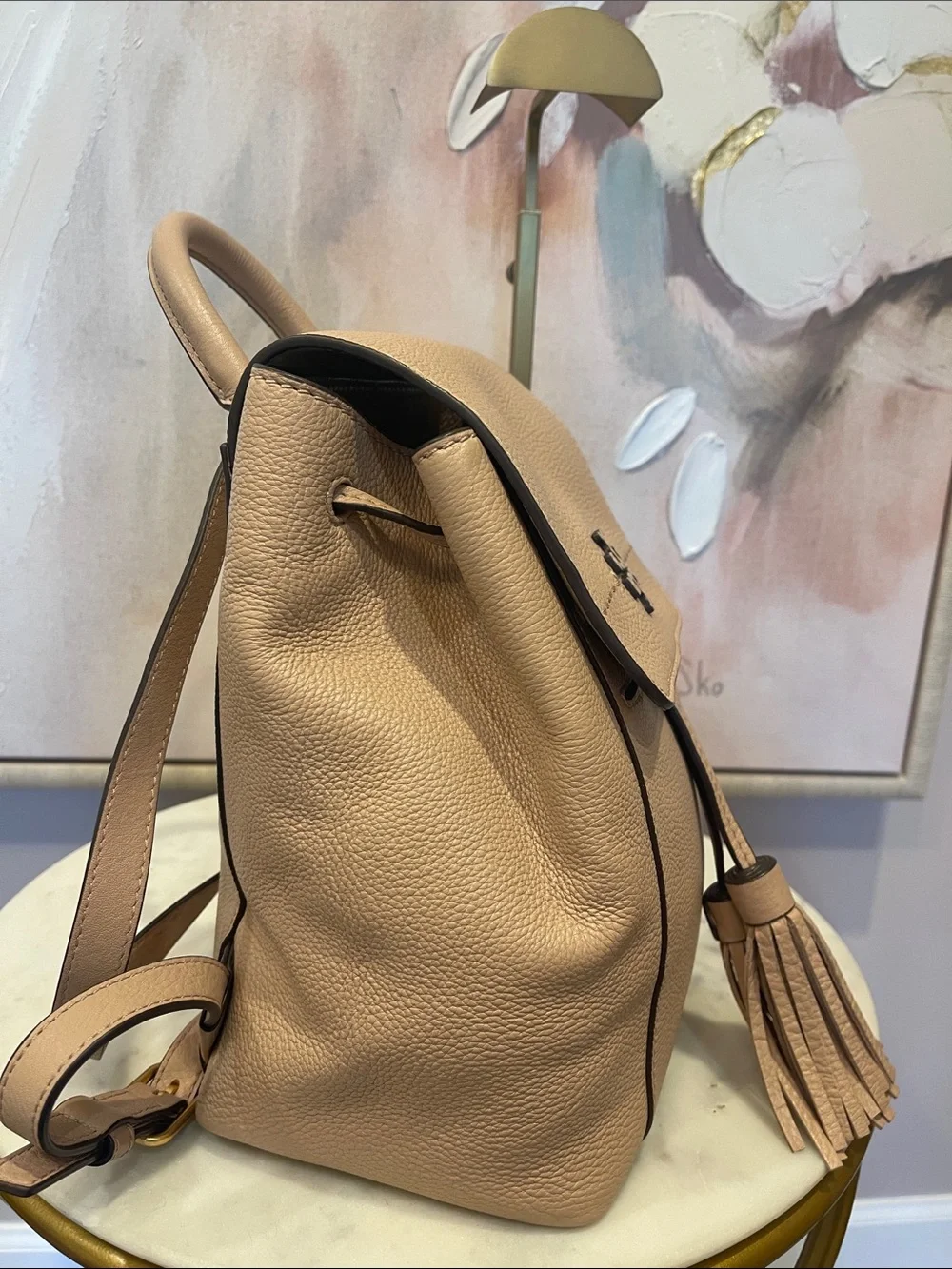 Tory Burch Pebbled Leather Tassel Backpack in Light Beige